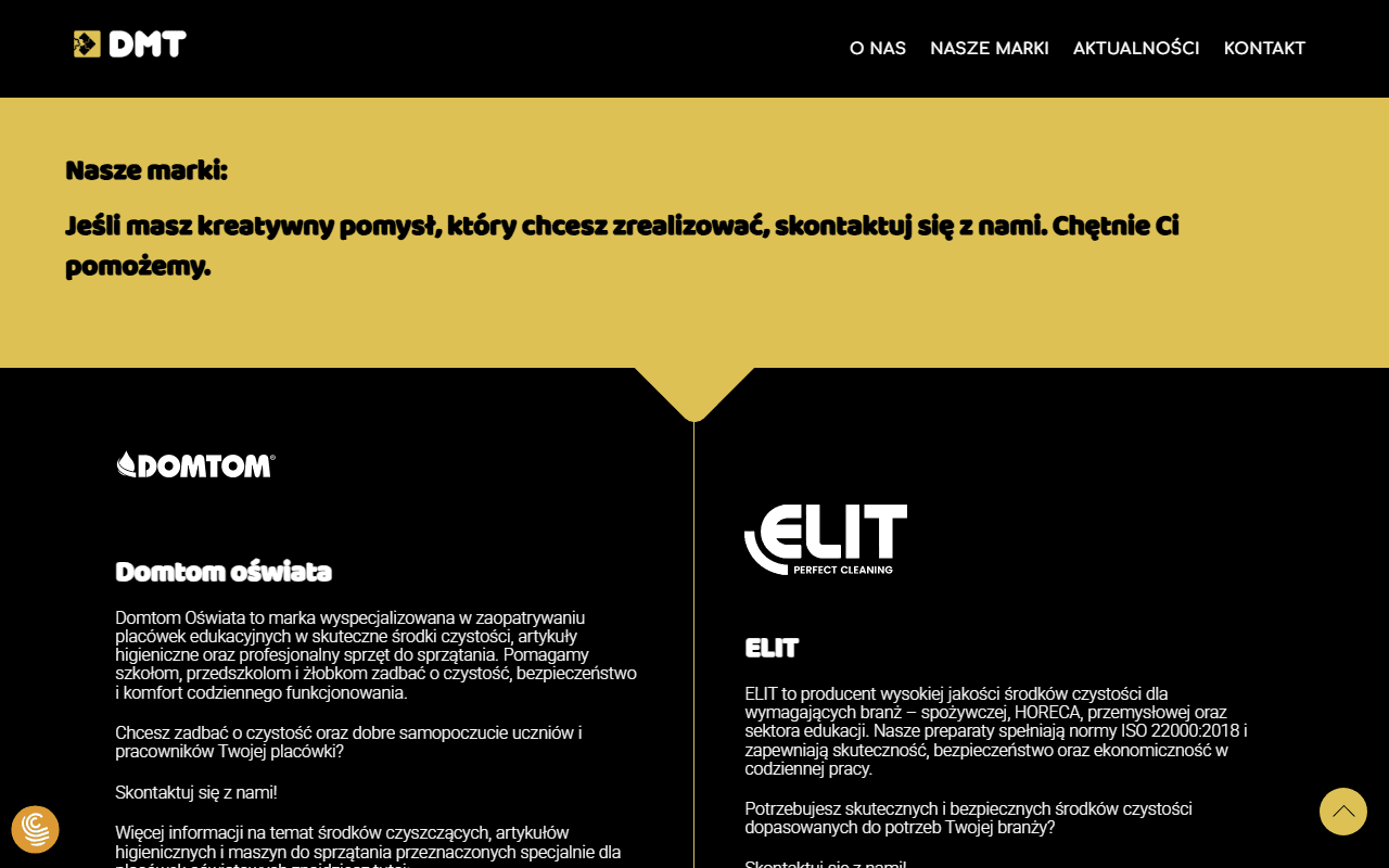 Poprzednia sekcja marek Grupy DMT - marki jedna pod drugą, długie bloki tekstu obok logotypów