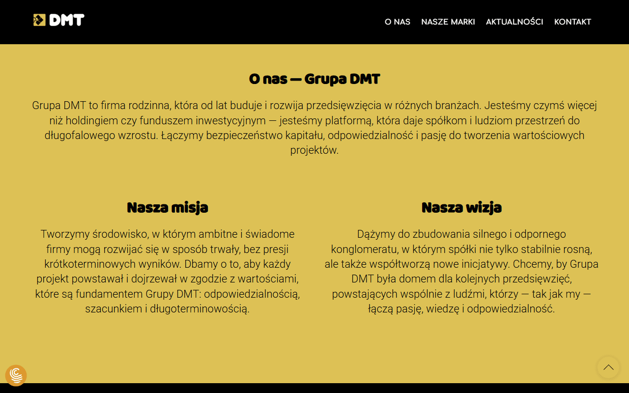Poprzednia sekcja 'O nas' Grupy DMT - długie akapity wyśrodkowane na żółtym tle