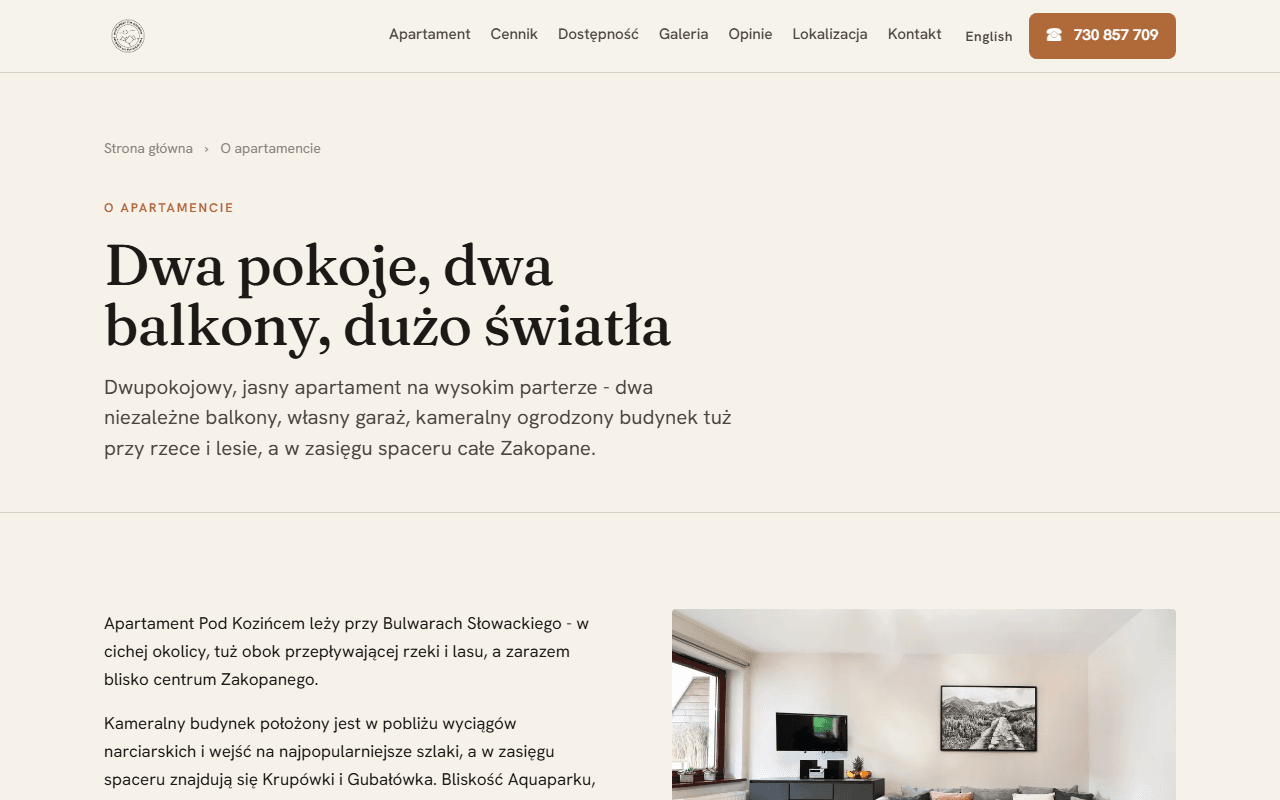 Nowa podstrona o apartamencie z nagłówkiem 'Dwa pokoje, dwa balkony, dużo światła' i opisem lokalizacji