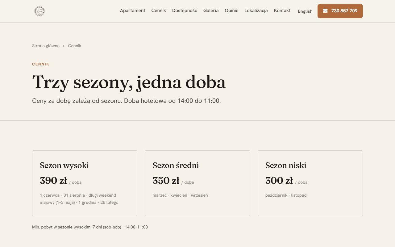 Nowy cennik - trzy karty sezonów z cenami 390, 350 i 300 zł za dobę, widoczne bez przewijania