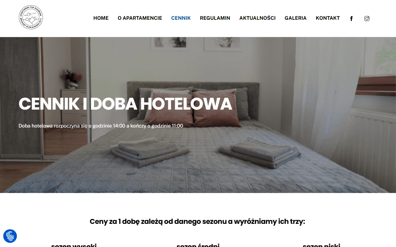 Poprzedni cennik - napis 'CENNIK I DOBA HOTELOWA' na całoekranowym zdjęciu łóżka, ceny dopiero pod nim