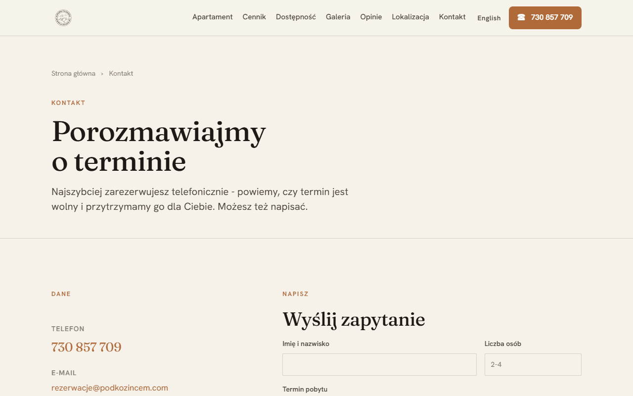Nowa podstrona kontaktu - numer telefonu, adres e-mail i formularz zapytania widoczne od razu